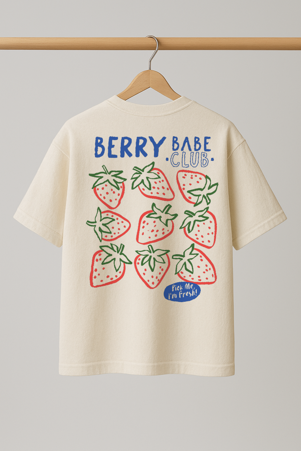 ZIAA "Berry Babe Club" graphic t-shirt with illustration of strawberries, white color base with red and blue graphic