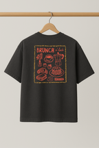 ZIAA Brunch O'clock graphic t-shirt with illustration of brunch time items, dark grey color base with orange graphic