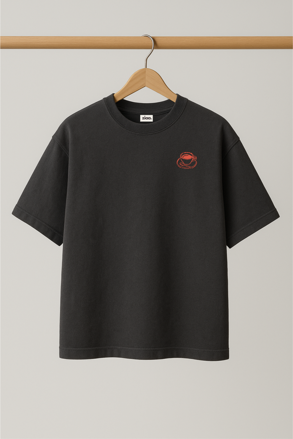 ZIAA Brunch O'clock graphic t-shirt with illustration of coffee cup, dark grey color base with orange graphic