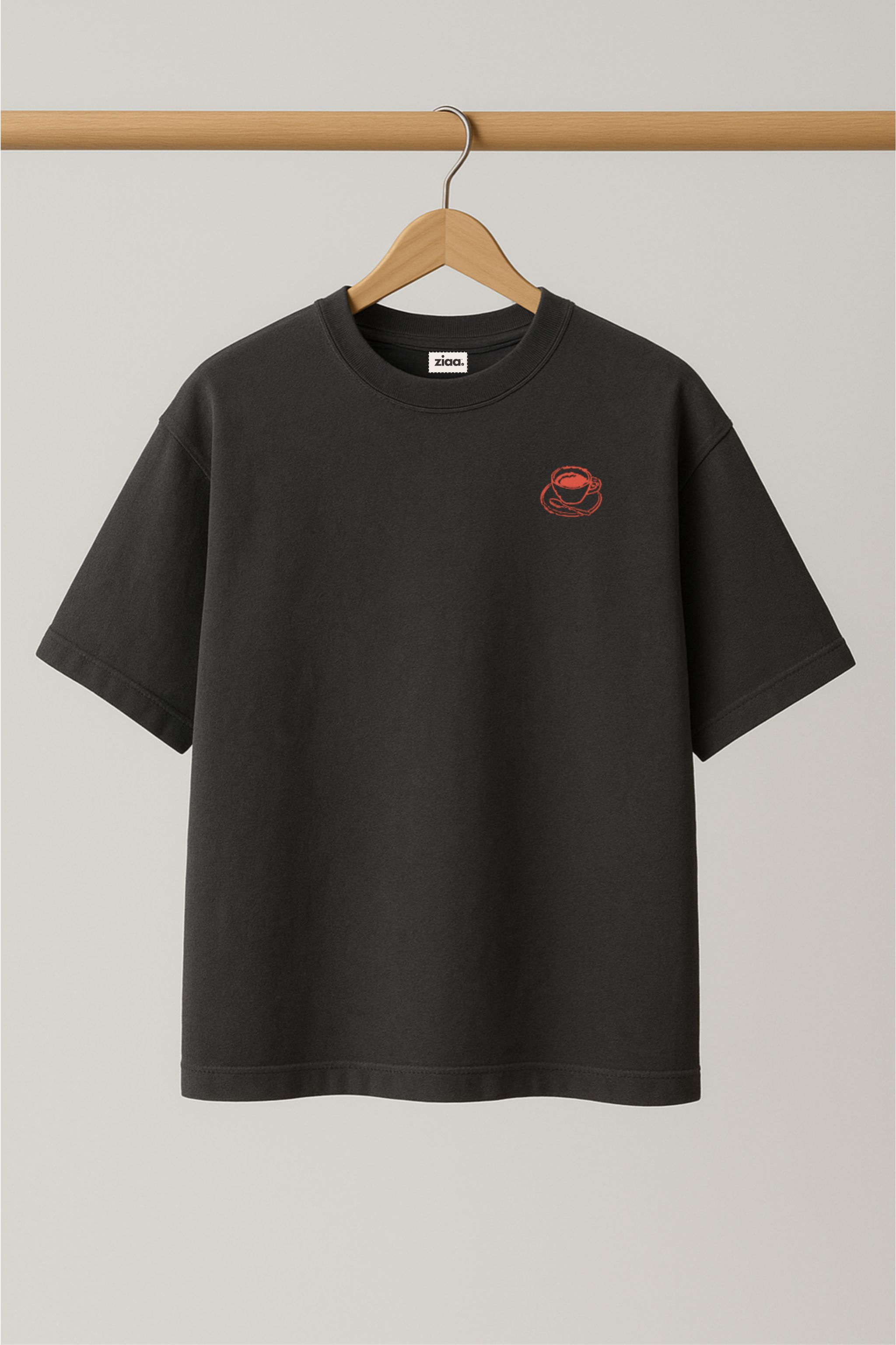 ZIAA Brunch O'clock graphic t-shirt with illustration of coffee cup, dark grey color base with orange graphic