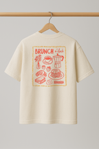 ZIAA Brunch O'clock graphic t-shirt with illustration of brunch time items, white color base with orange graphic