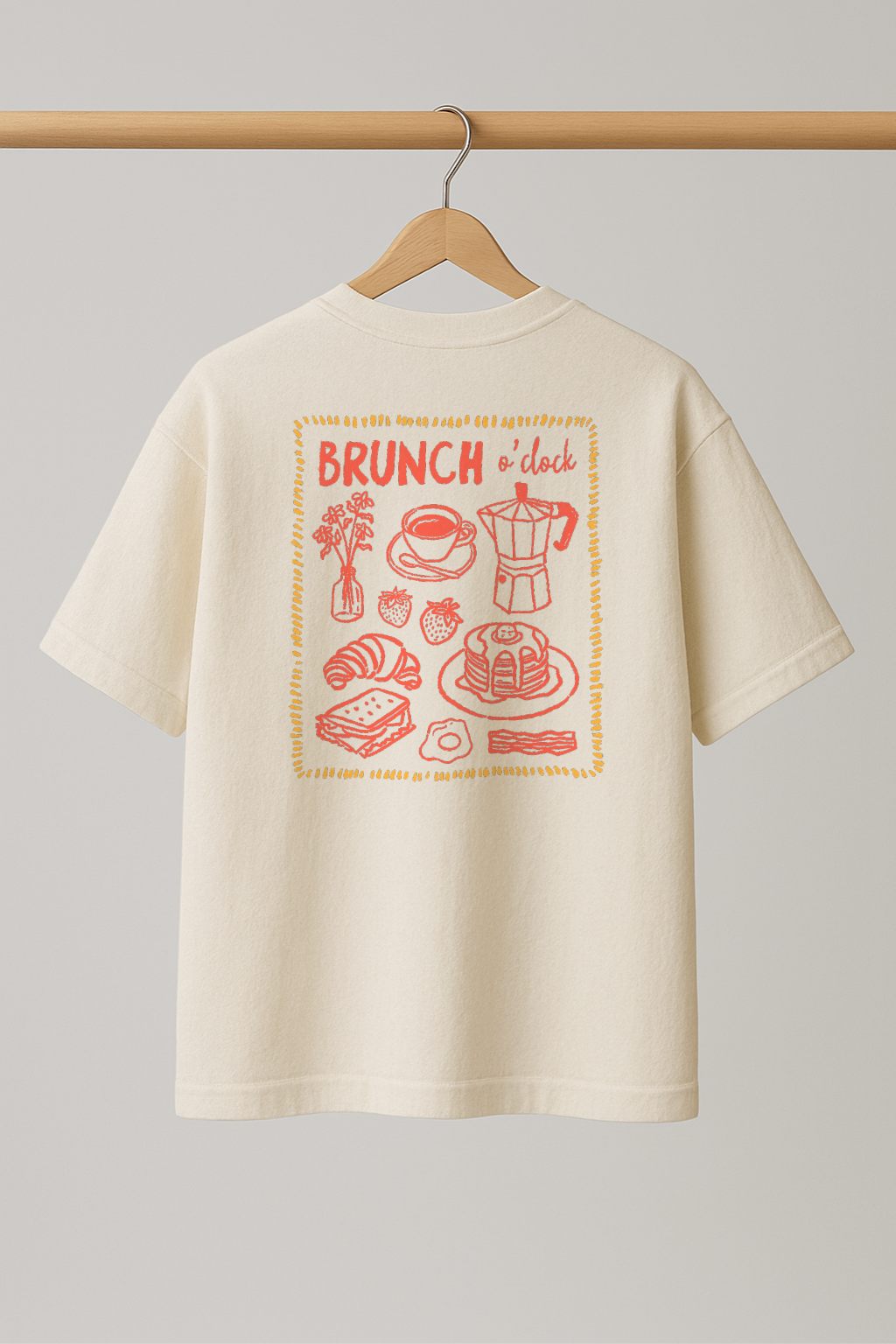 ZIAA Brunch O'clock graphic t-shirt with illustration of brunch time items, white color base with orange graphic