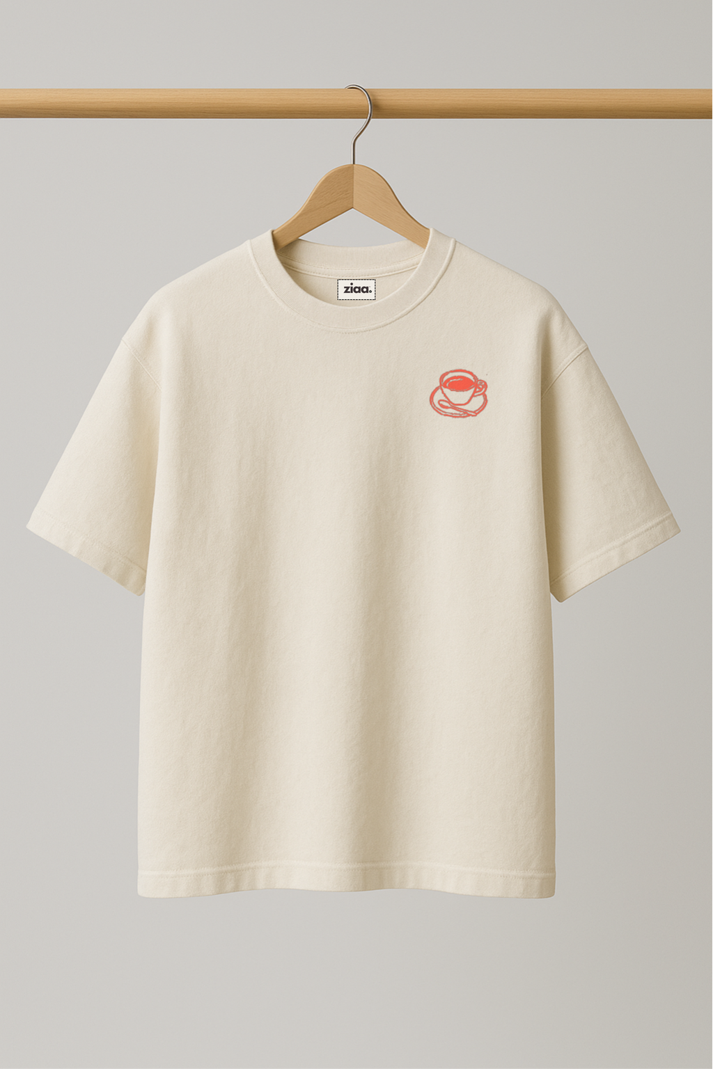 ZIAA Brunch O'clock graphic t-shirt with illustration of a coffee cup, white color base with orange graphic
