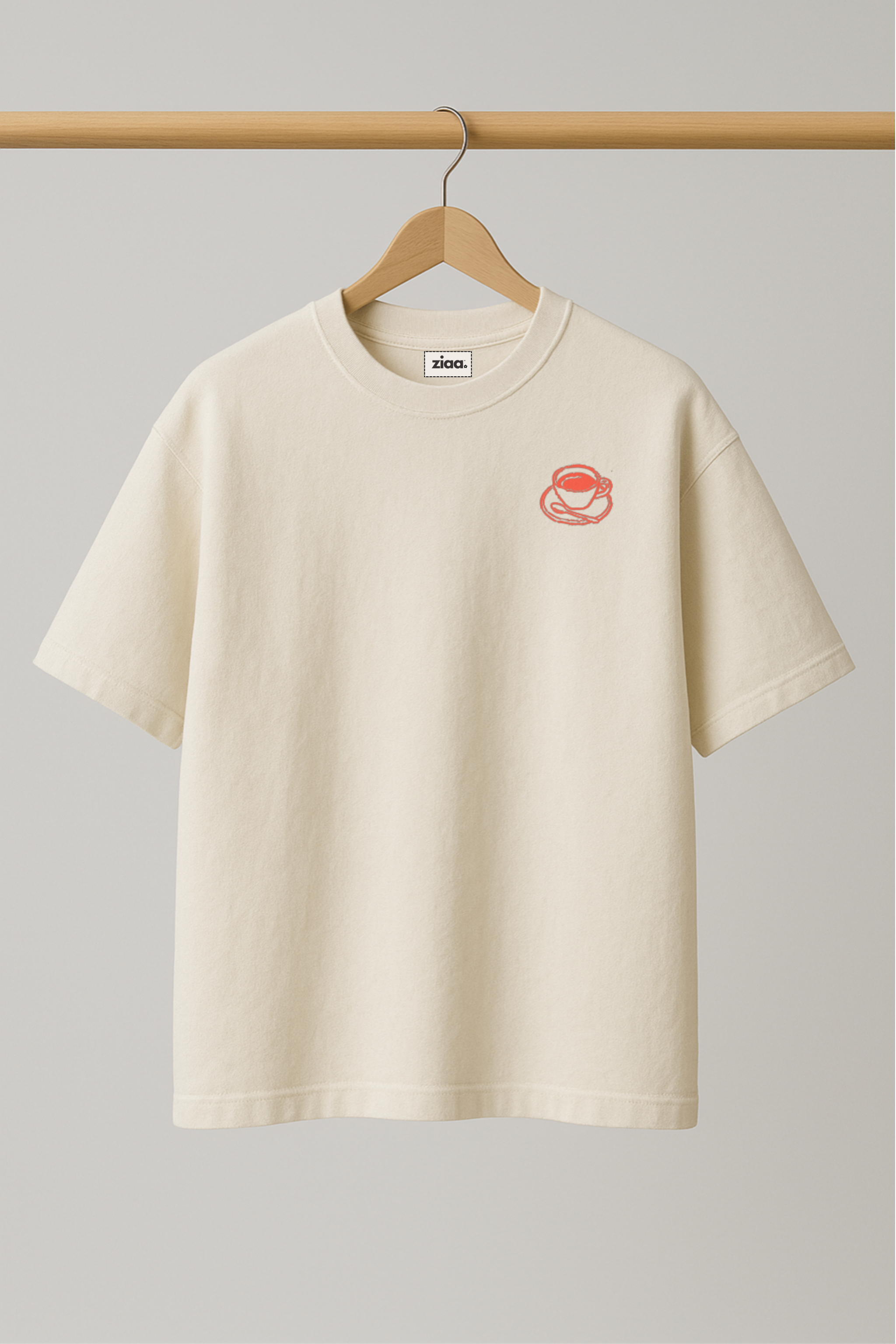 ZIAA Brunch O'clock graphic t-shirt with illustration of a coffee cup, white color base with orange graphic