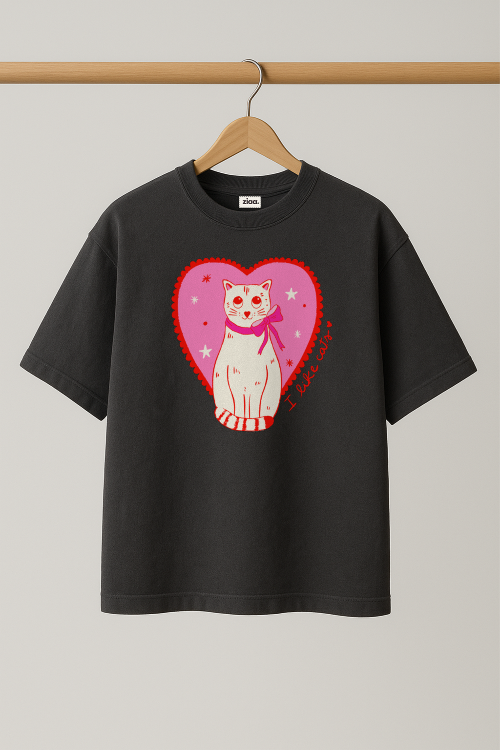 ZIAA "I Like Cats" graphic t-shirt with illustration of a heart and a cat, dark grey color base with pink graphic