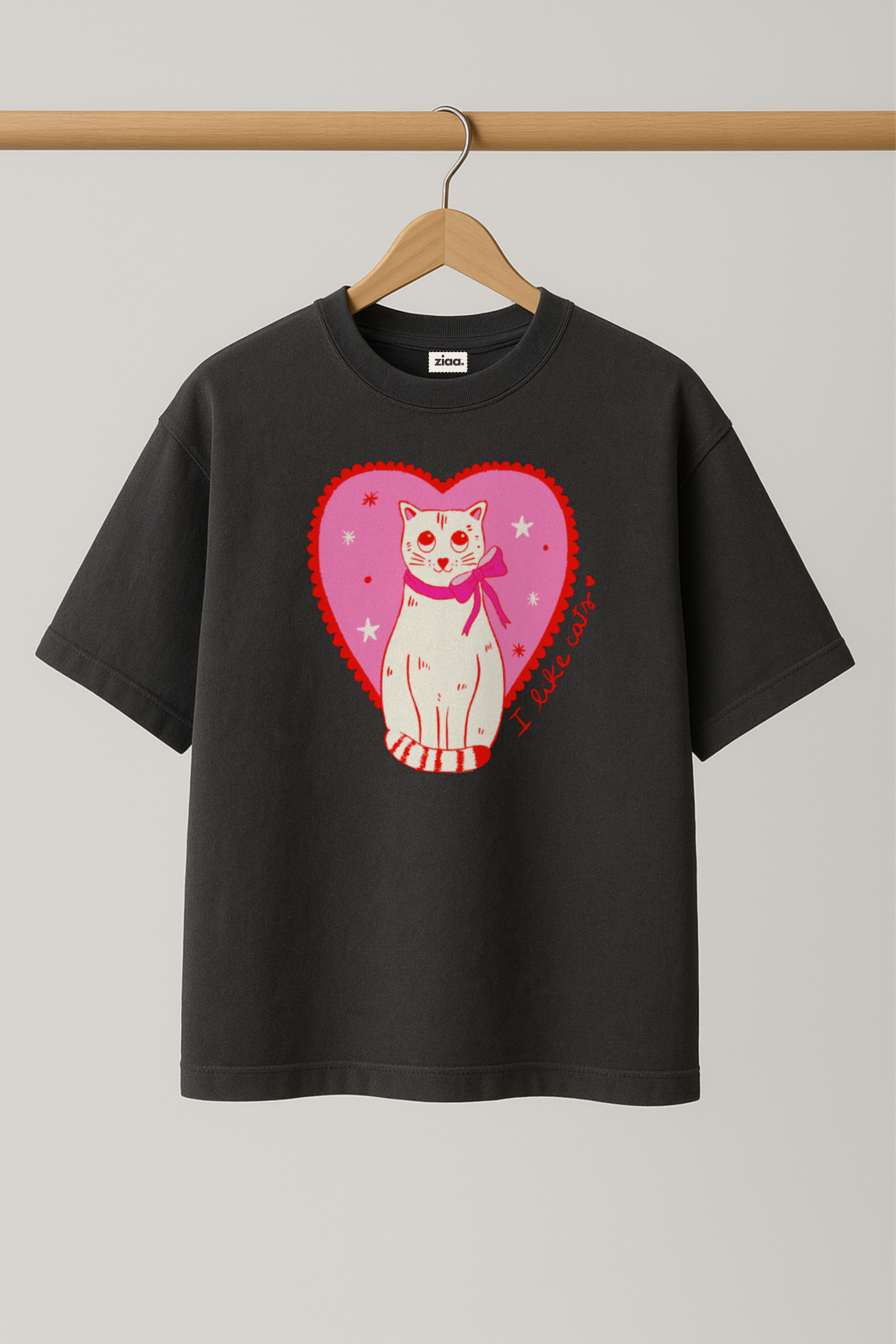 ZIAA "I Like Cats" graphic t-shirt with illustration of a heart and a cat, dark grey color base with pink graphic