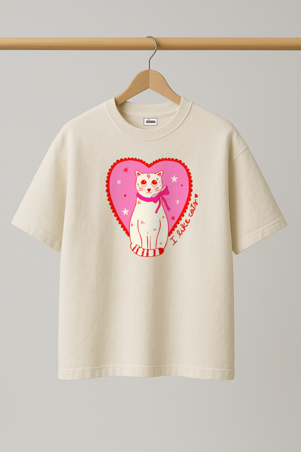 ZIAA "I Like Cats" graphic t-shirt with illustration of a heart and a cat, white color base with pink graphic