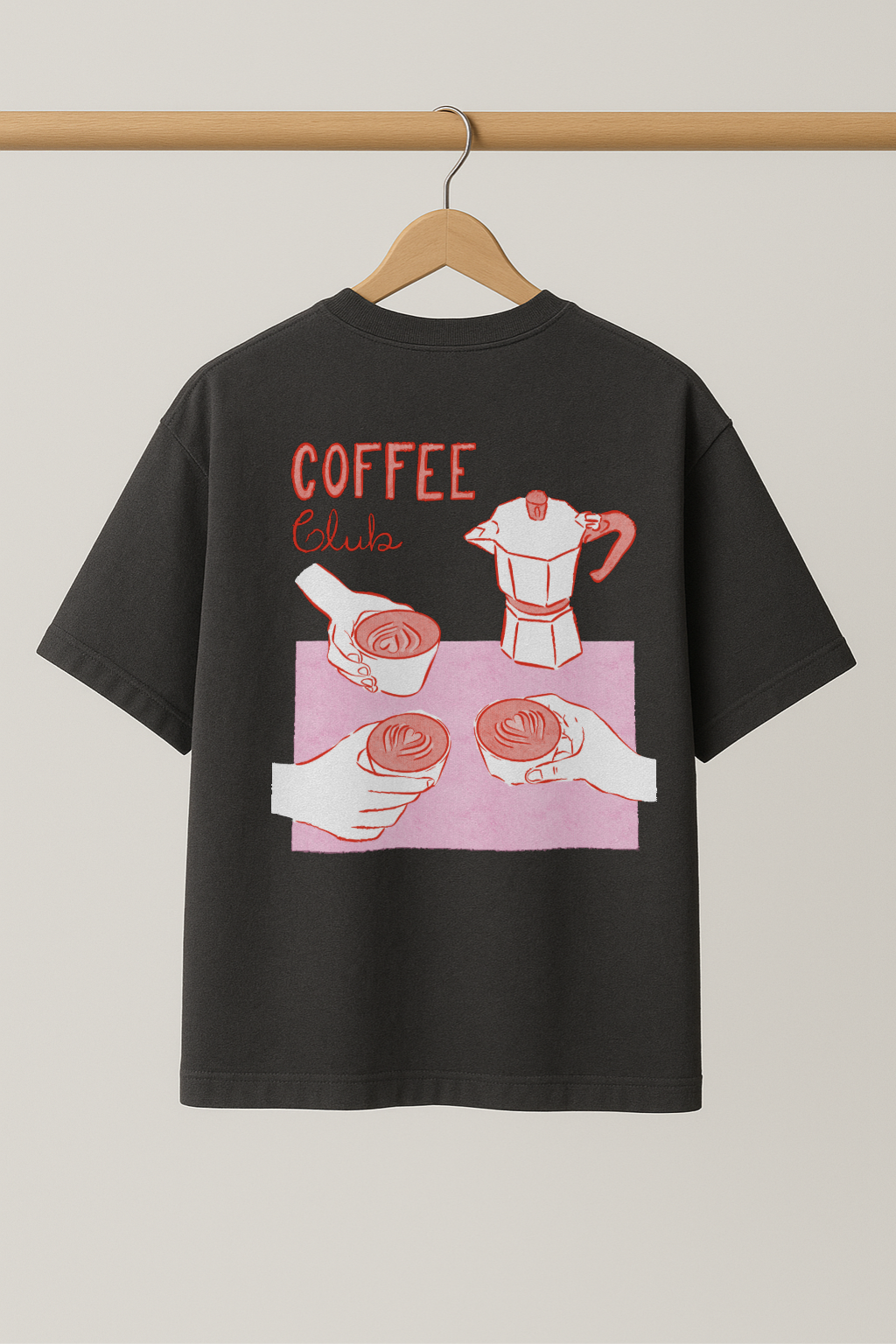 ZIAA "Coffee Club" graphic t-shirt with illustration of three hands holding coffee cups, dark grey color base with red and pink graphic