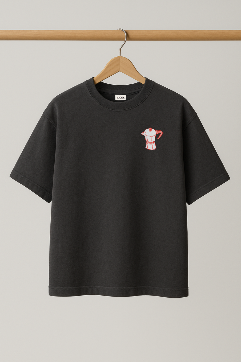 ZIAA "Coffee Club" graphic t-shirt with illustration of a coffee pot, dark grey color base with red and pink graphic