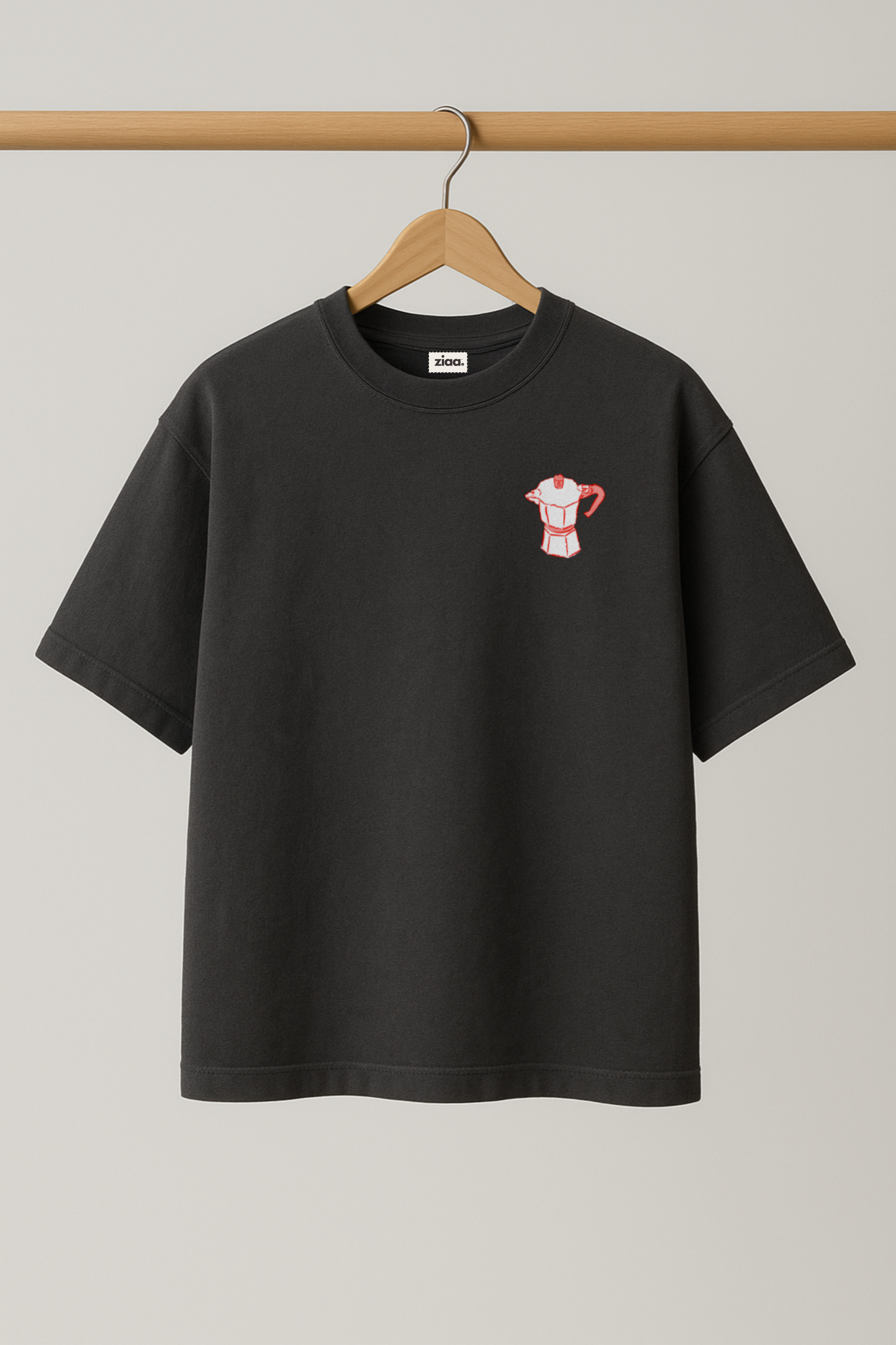 ZIAA "Coffee Club" graphic t-shirt with illustration of a coffee pot, dark grey color base with red and pink graphic