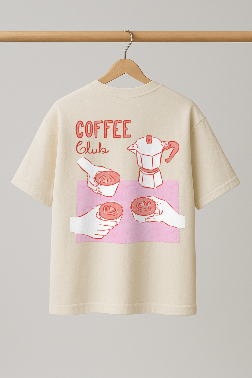 ZIAA "Coffee Club" graphic t-shirt with illustration of three hands holding coffee cups, white color base with red and pink graphic