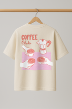ZIAA "Coffee Club" graphic t-shirt with illustration of three hands holding coffee cups, white color base with red and pink graphic