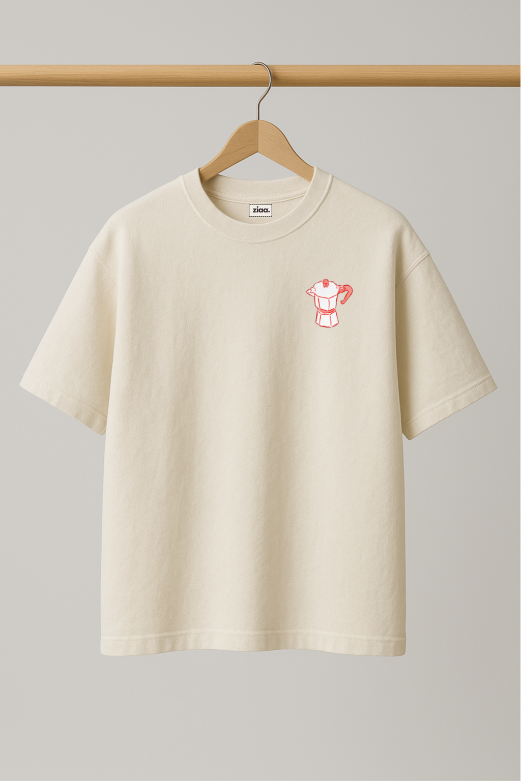 ZIAA "Coffee Club" graphic t-shirt with illustration of a coffee pot, white color base with red and pink graphic