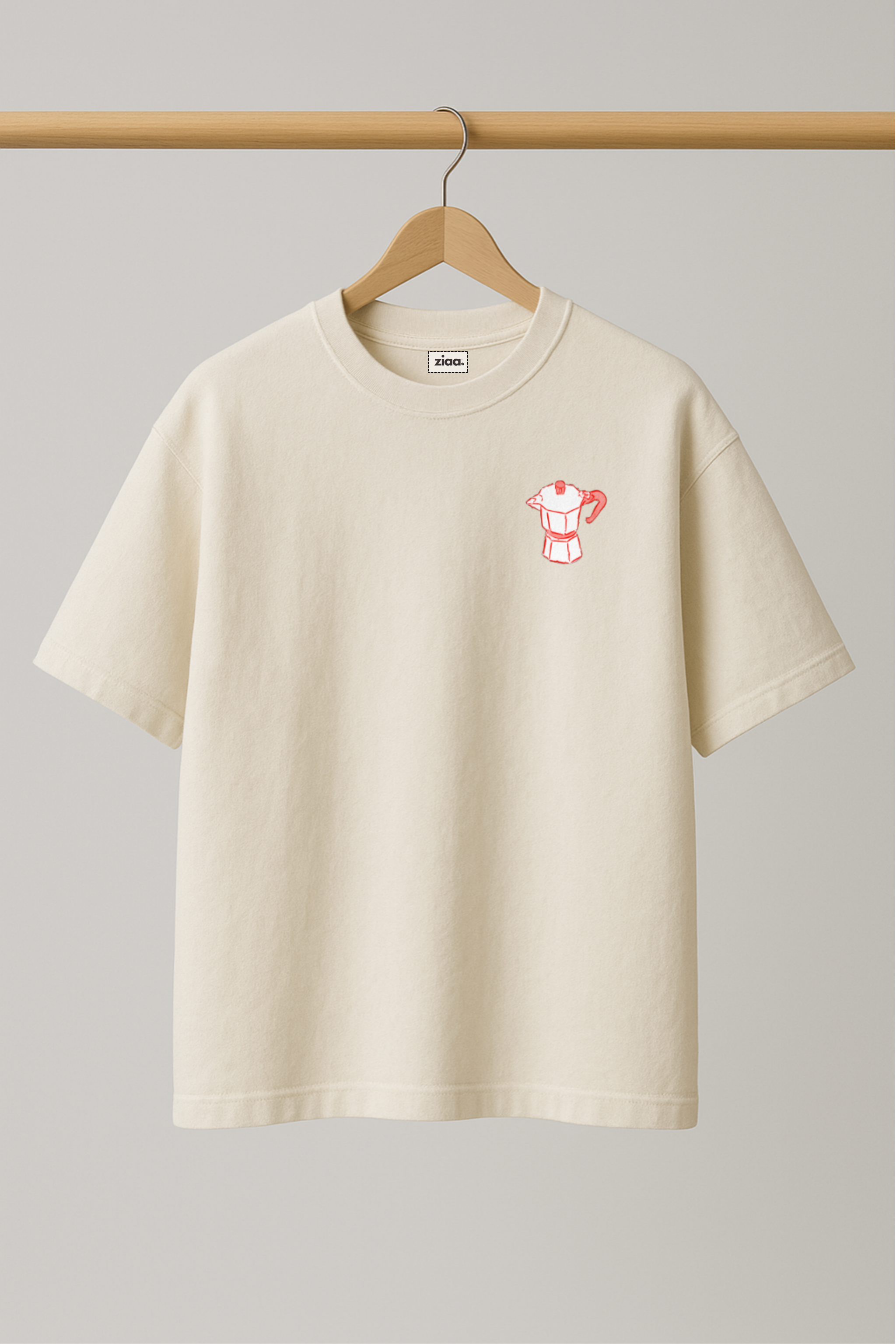 ZIAA "Coffee Club" graphic t-shirt with illustration of a coffee pot, white color base with red and pink graphic