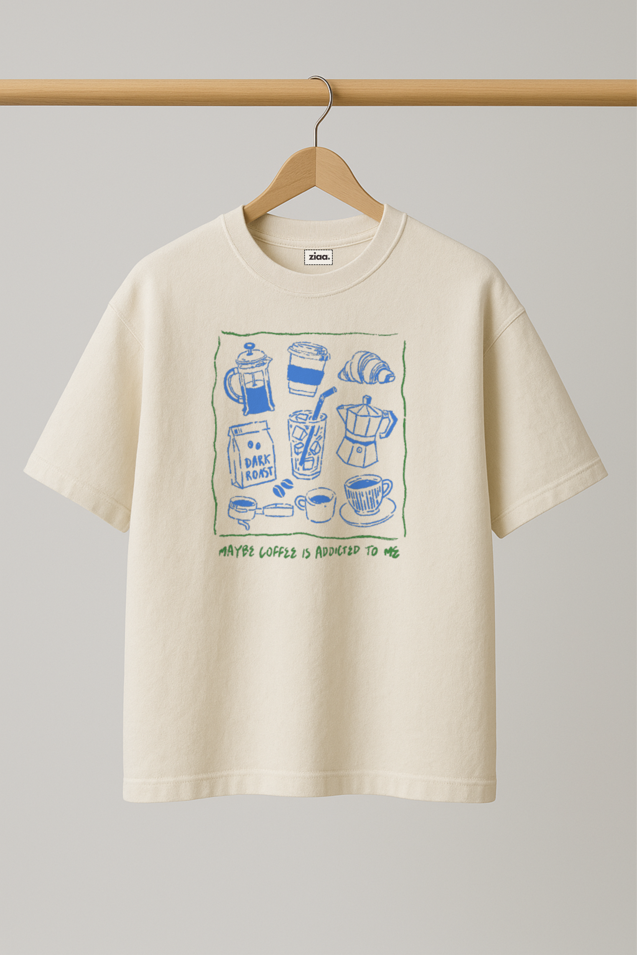 ZIAA "Maybe Coffee Is Addicted to Me" graphic t-shirt with illustration of coffee cups and pots, white color base with blue graphic