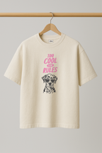 ZIAA "Too Cool For Rules" graphic t-shirt with illustration of a dog wearing shades, white color base with pink and dark grey graphic