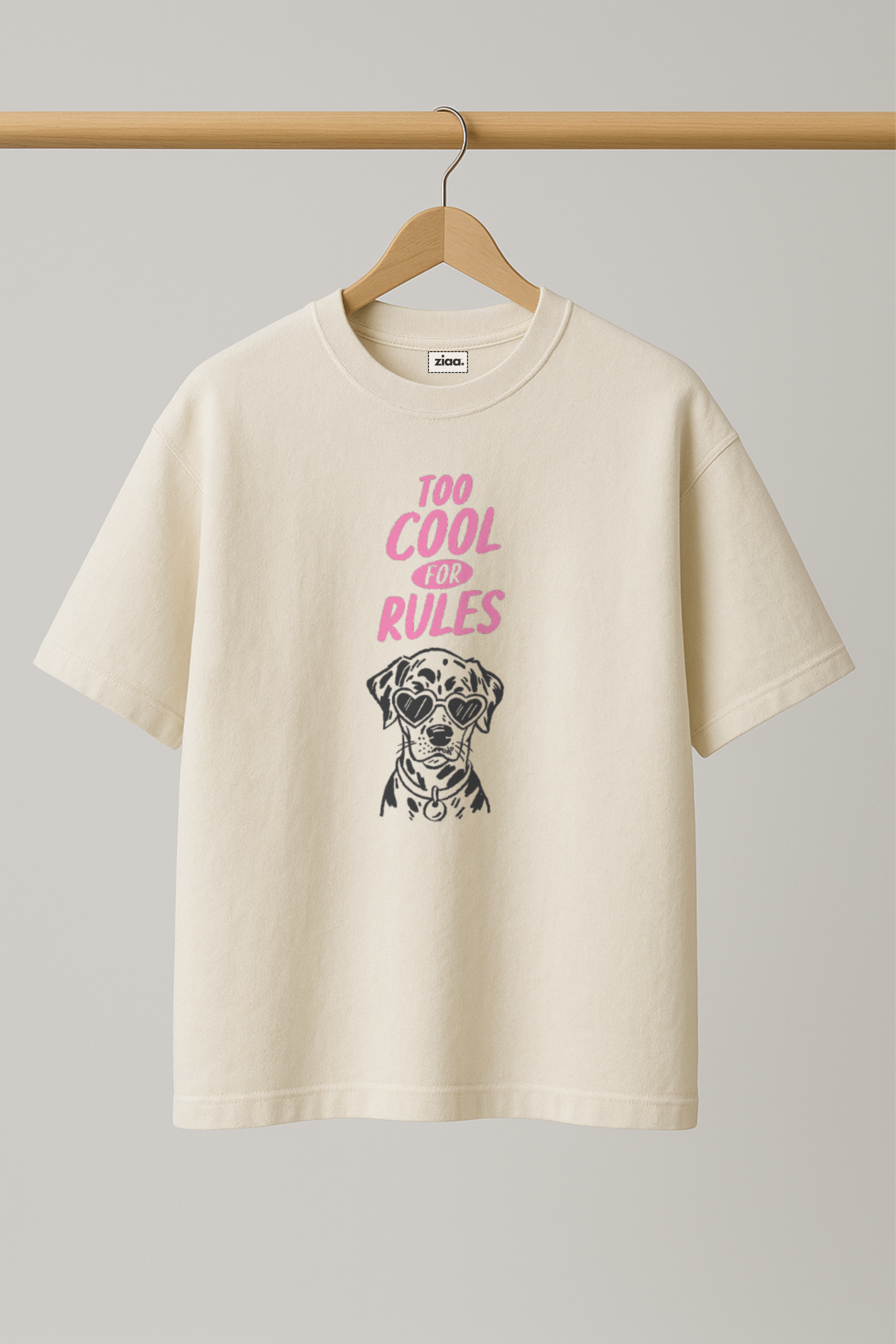 ZIAA "Too Cool For Rules" graphic t-shirt with illustration of a dog wearing shades, white color base with pink and dark grey graphic
