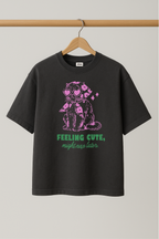 ZIAA "Feeling Cute Might Nap Later" graphic t-shirt with illustration of a cat wearing headscarf and shades, dark grey color base with pink and green graphic