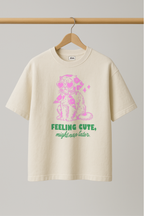 ZIAA "Feeling Cute Might Nap Later" graphic t-shirt with illustration of a cat wearing headscarf and shades, white color base with pink and green graphic