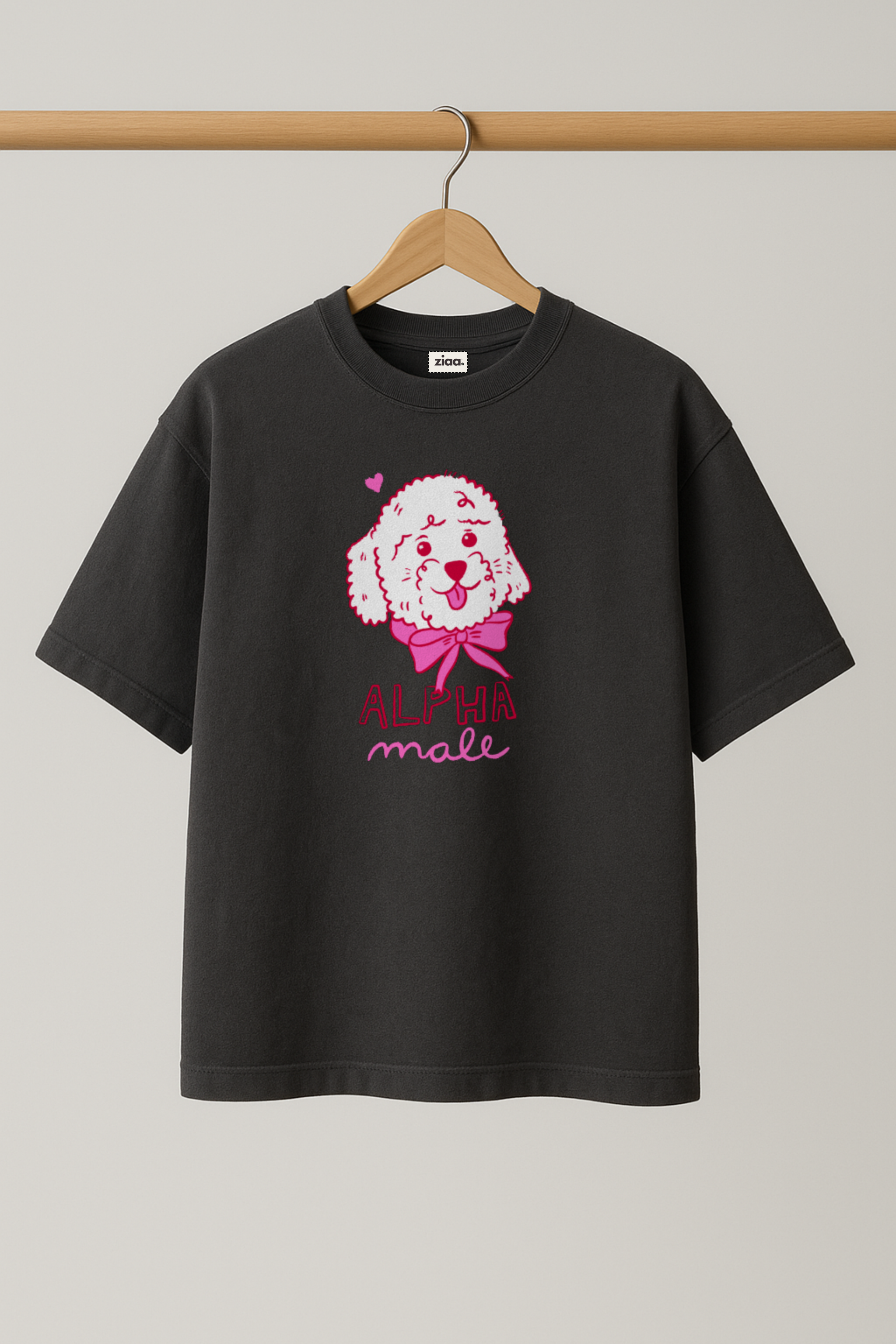 ZIAA "Alpha Male" graphic t-shirt with illustration of a teddy dog, dark grey color base with pink graphic