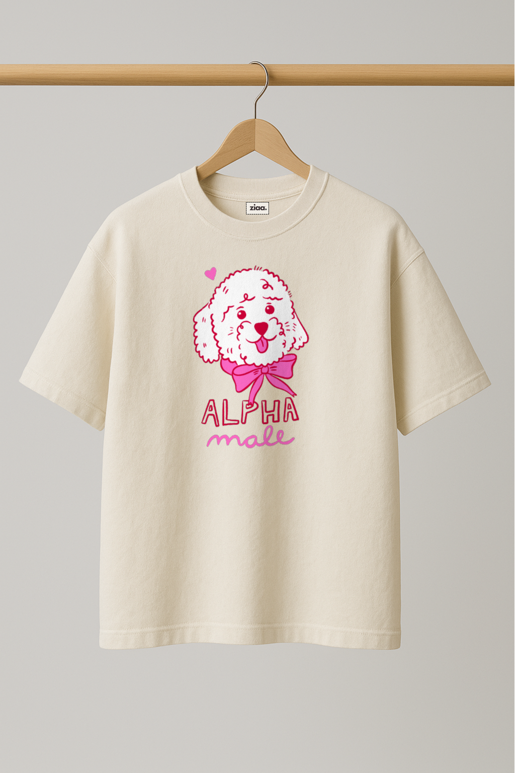 ZIAA "Alpha Male" graphic t-shirt with illustration of a teddy dog, white color base with pink graphic
