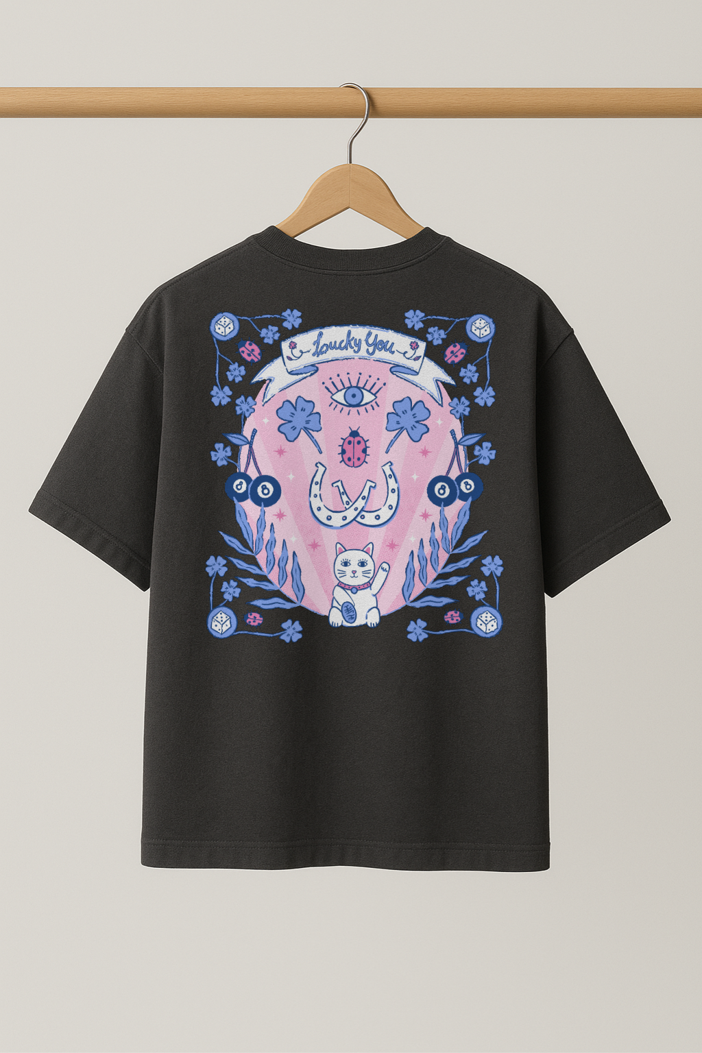 ZIAA "Lucky You" graphic t-shirt with illustration of a lucky cat and other lucky items, dark grey color base with blue and pink graphic