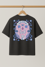 ZIAA "Lucky You" graphic t-shirt with illustration of a lucky cat and other lucky items, dark grey color base with blue and pink graphic