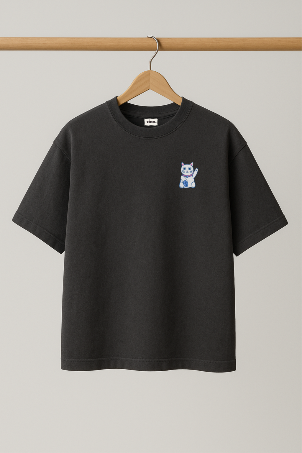 ZIAA "Lucky You" graphic t-shirt with illustration of a lucky cat, dark grey color base with blue  graphic